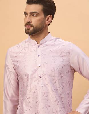Men lavender silk blend solid embroidered straight kurta 2