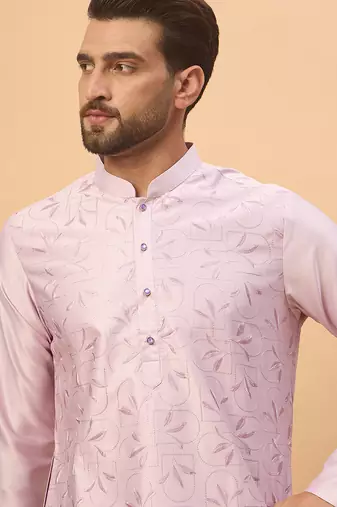 Men lavender silk blend solid embroidered straight kurta
