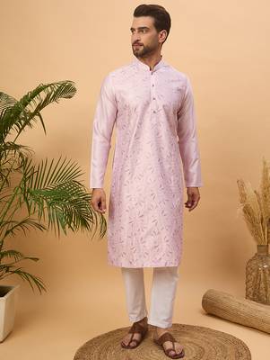 Men lavender silk blend solid embroidered straight kurta 3