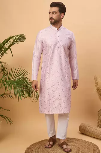 Men lavender silk blend solid embroidered straight kurta