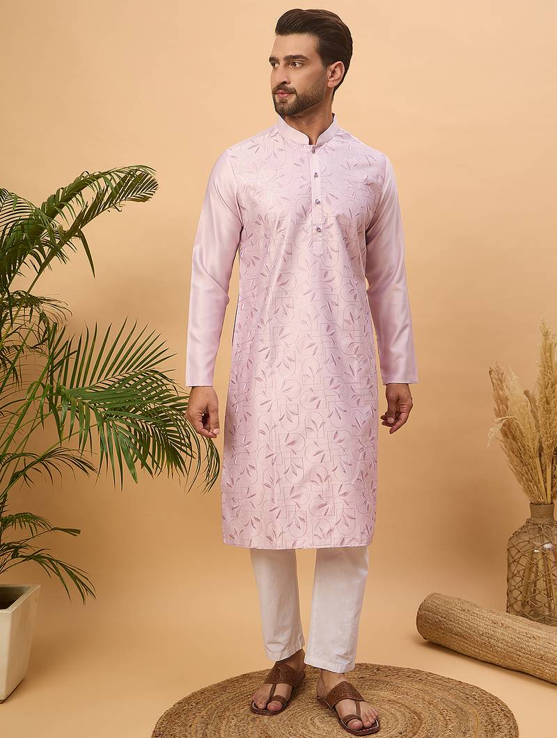 Men lavender silk blend solid embroidered straight kurta