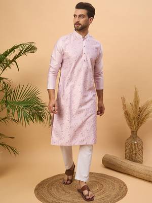 Men lavender silk blend solid embroidered straight kurta 1