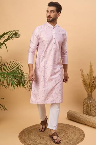 Men lavender silk blend solid embroidered straight kurta