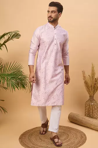 Men lavender silk blend solid embroidered straight kurta