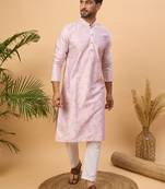 Men lavender silk blend solid embroidered straight kurta
