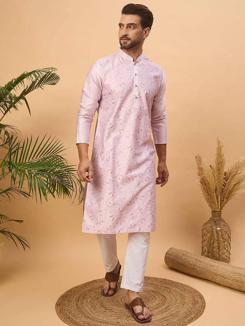 Men lavender silk blend solid embroidered straight kurta