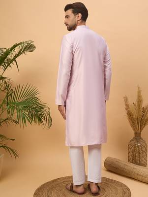 Men lavender silk blend solid embroidered straight kurta 4