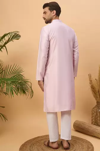 Men lavender silk blend solid embroidered straight kurta