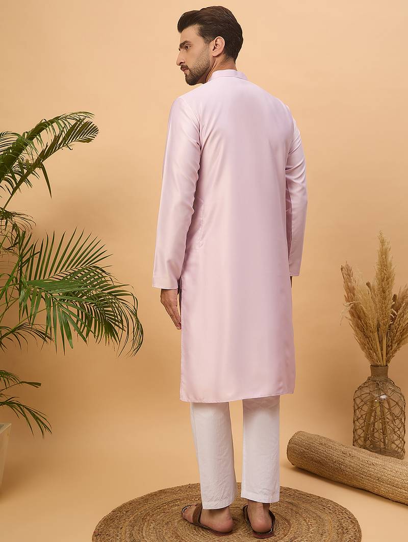 Men lavender silk blend solid embroidered straight kurta