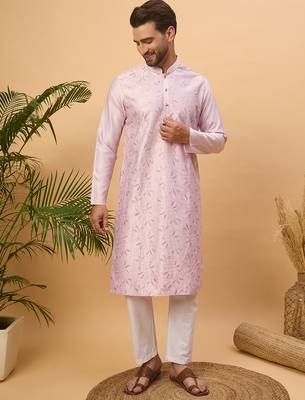 Men lavender silk blend solid embroidered straight kurta 5