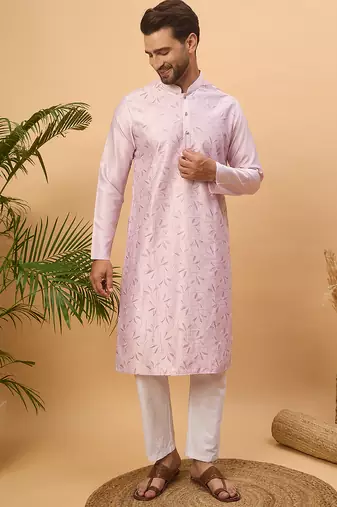 Men lavender silk blend solid embroidered straight kurta