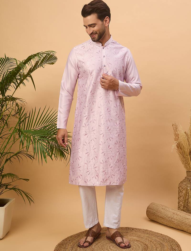 Men lavender silk blend solid embroidered straight kurta
