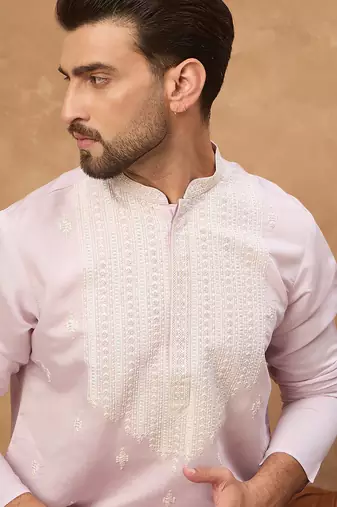 Men lavender silk blend solid embroidered straight kurta