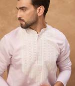 Men lavender silk blend solid embroidered straight kurta