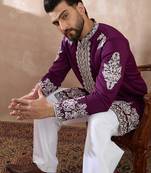 Men purple silk blend embroidered mandarin collar straight kurta with trouser
