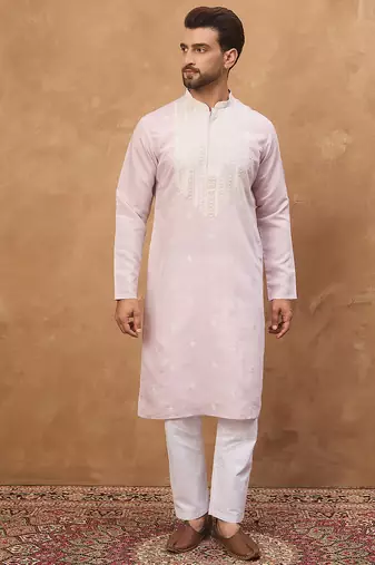 Men lavender silk blend solid embroidered straight kurta