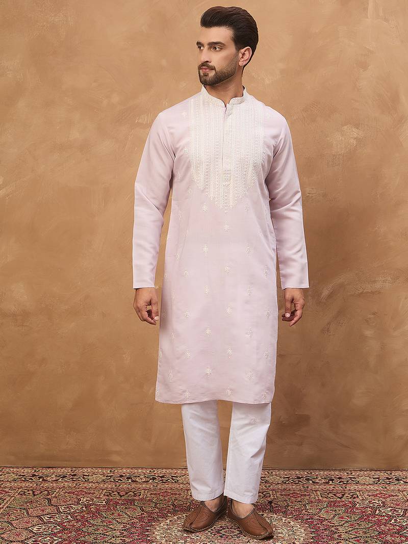 Men lavender silk blend solid embroidered straight kurta