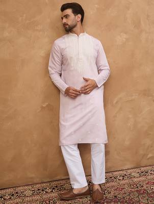 Men lavender silk blend solid embroidered straight kurta 3