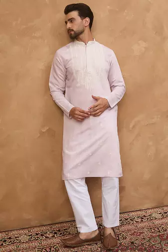 Men lavender silk blend solid embroidered straight kurta
