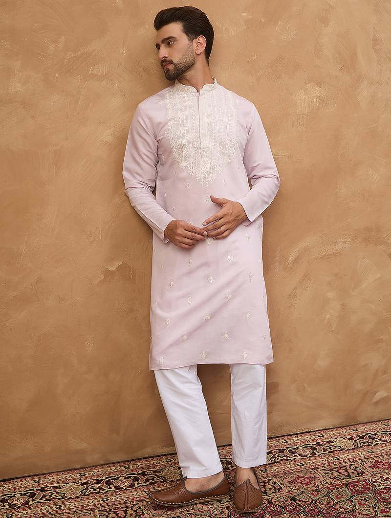 Men lavender silk blend solid embroidered straight kurta