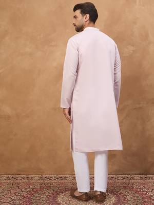Men lavender silk blend solid embroidered straight kurta 4