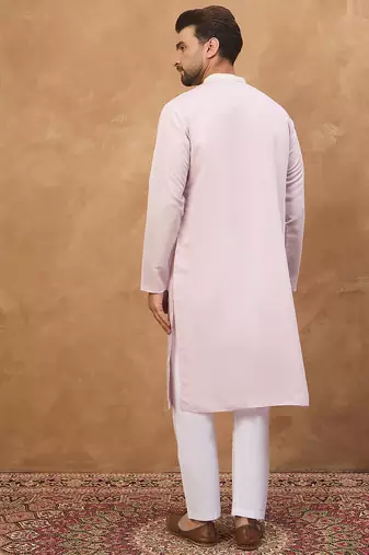 Men lavender silk blend solid embroidered straight kurta