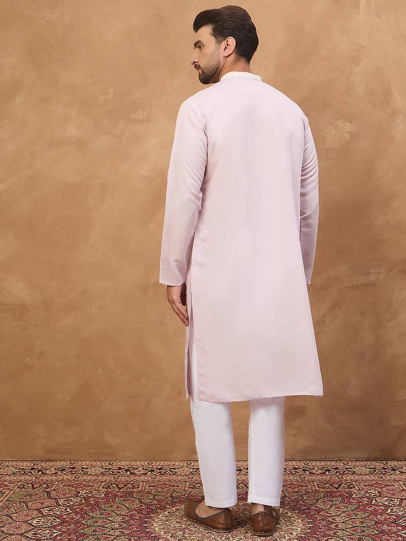 Men lavender silk blend solid embroidered straight kurta