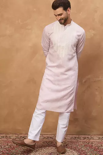 Men lavender silk blend solid embroidered straight kurta