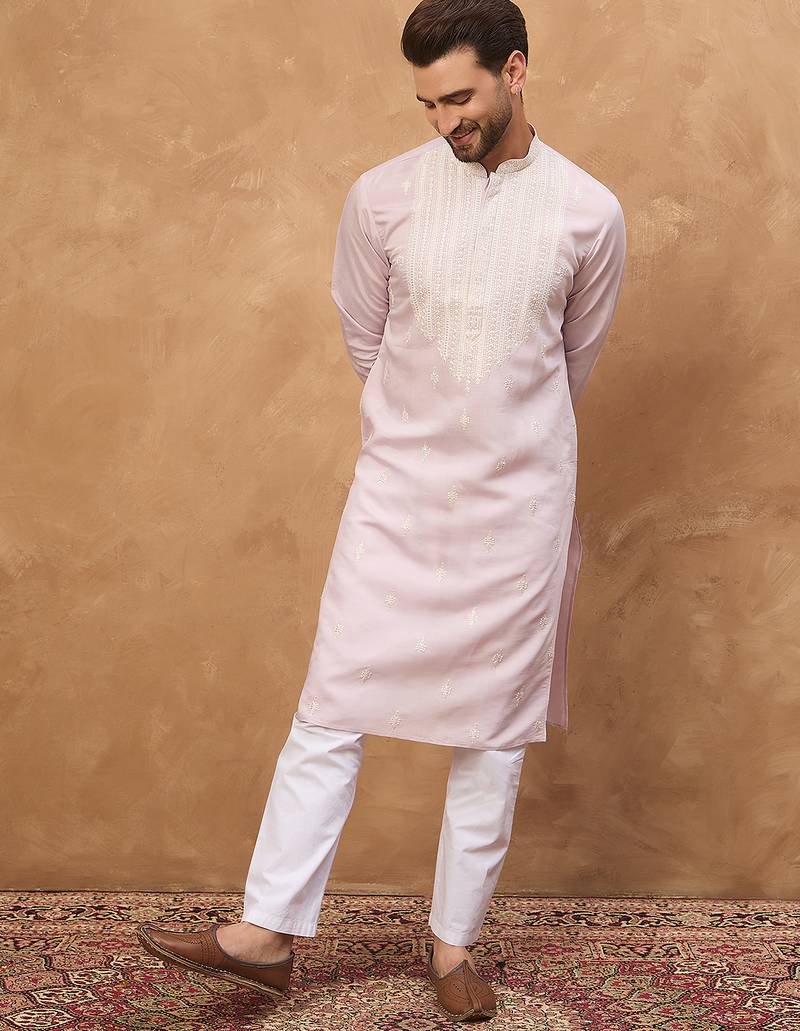 Men lavender silk blend solid embroidered straight kurta