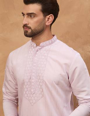 Men lavender silk blend solid embroidered straight kurta 1