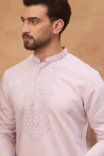 Men lavender silk blend solid embroidered straight kurta