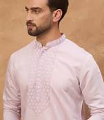 Men lavender silk blend solid embroidered straight kurta