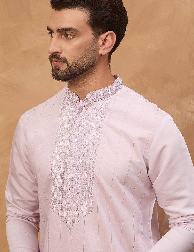 Men lavender silk blend solid embroidered straight kurta