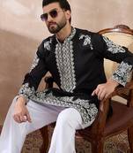 Men black silk blend embroidered mandarin collar straight kurta with trouser