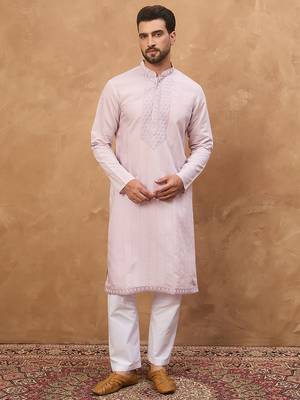Men lavender silk blend solid embroidered straight kurta 2