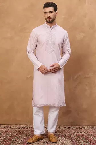 Men lavender silk blend solid embroidered straight kurta