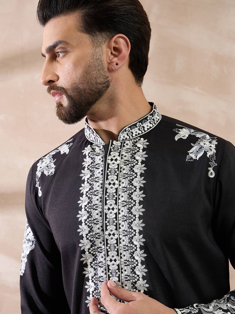 Men black silk blend embroidered mandarin collar straight kurta with trouser