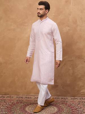 Men lavender silk blend solid embroidered straight kurta 3