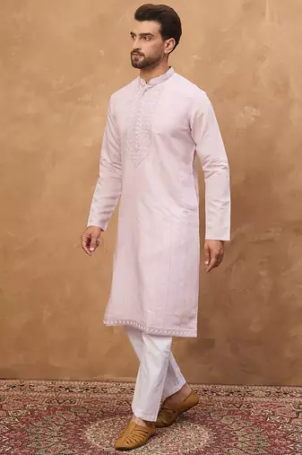 Men lavender silk blend solid embroidered straight kurta
