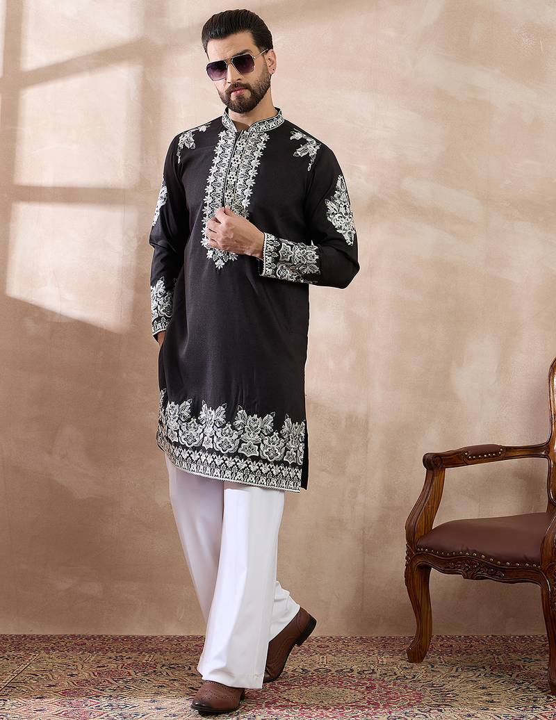 Men black silk blend embroidered mandarin collar straight kurta with trouser