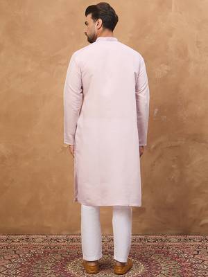 Men lavender silk blend solid embroidered straight kurta 4