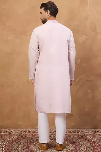 Men lavender silk blend solid embroidered straight kurta