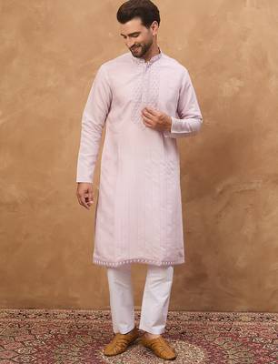 Men lavender silk blend solid embroidered straight kurta 5