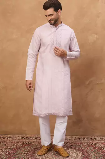 Men lavender silk blend solid embroidered straight kurta