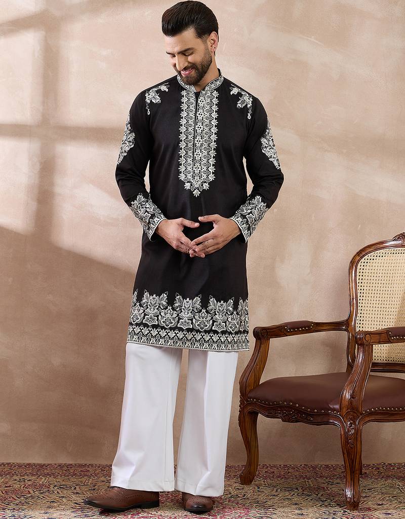 Men black silk blend embroidered mandarin collar straight kurta with trouser