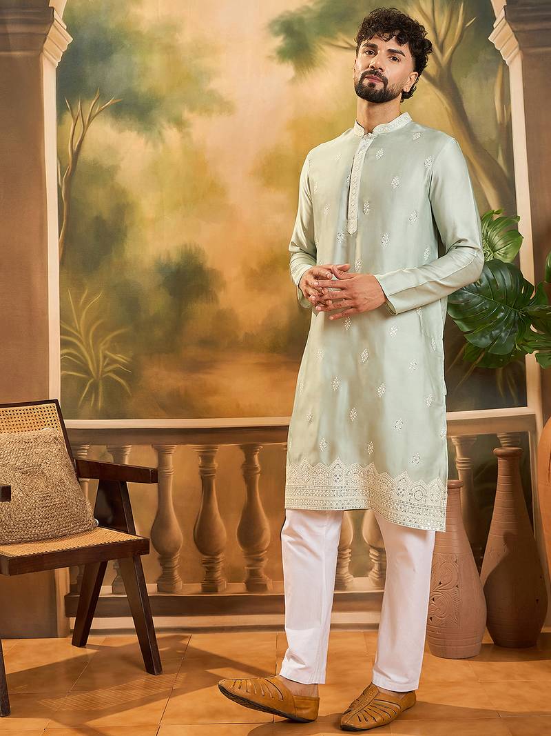 Men green silk blend solid embroidered straight kurta