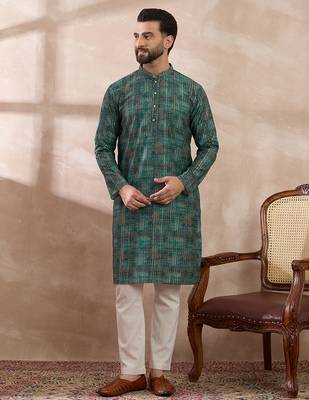 Men green silk blend printed mandarin collar straight kurta with trouser 3
