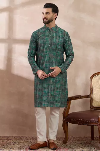 Men green silk blend printed mandarin collar straight kurta with trouser