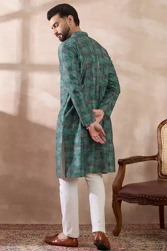Men green silk blend printed mandarin collar straight kurta with trouser
