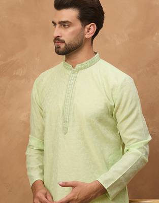 Men green silk blend solid embroidered straight kurta 1